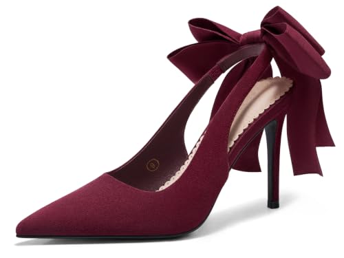 Image of Coutgo Womens Slingback High Heels with Bow Closed Pointed Toe Wedding Bride Dress Shoes Satin Pumps