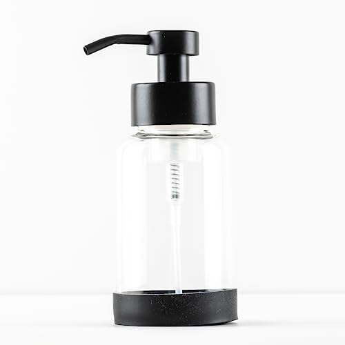 Glass Foaming Hand Soap Dispenser Bottle for Bathroom and Kitchen Countertops - Clear Glass Hand Soap Refill Dispenser - Foaming Soap Dispenser Pump Matte Black Metal Pump