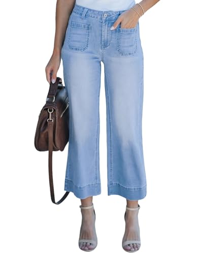 Women's High Waist Wide Leg Jeans Stretchy Baggy Denim Pants Trendy Cropped Trousers with Front Pockets