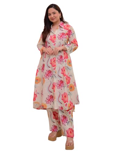 Image of Leriya Fashion Women's Cotton Printed A-Line Kurti Pant Set | Abstract Leaf & Floral Kurta with Trouser Pant | Casual Ethnic Co-ord Set for Women Stylish | Elegant Anarkali Style Tunic Kurta Set