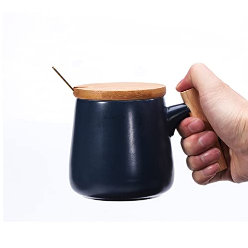 MonLiya Keramik Kaffeebecher Kaffee Teetasse Milchbecher mit Deckel und Löffel, Trinkbecher für Männer, Frauen, Thanksgiving, Weihnachten, Geburtstag (Blau - Breiter Griff) Cover
