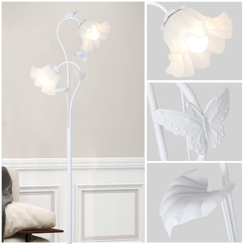 Image of HMVPL White Flower Standing Lamp, Floral Tall Lamp with 2 LED 5W Blubs, Foot Switch, Modern Corner Floor Lamp with Acrylic Shade, Antique Lotus Flower Floor Lamp for Living Room Office Reading