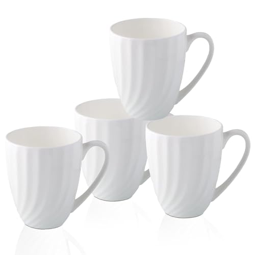 Set Of Four White Bone China Mugs With A Spiral Pattern