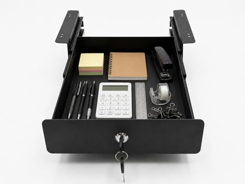 Image of Quick Fix Under Desk Metal Drawer with Lock | Under Desk Drawer for Office Stationery & Accessories | Space Saving Metal Storage Organizer