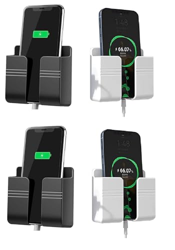 Image of WALLVIEW TECH Pack of 4 Wall Mounted Mobile Holder & Storage Case for Remote with Charging Port, Adjustable Viewing Angle, Multi-Purpose Wall Stand for Phones (White /Black)