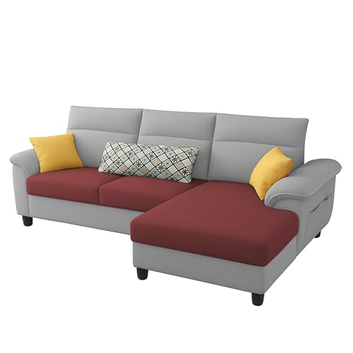 Image of Casaliving Seams RHS 4 Seater L Shape Sofa for Living Room (Maroon Grey Fabric) Premium Fabric Sofa