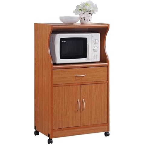 HODEDAH IMPORT Microwave Cart with One Drawer, Two Doors, and Shelf for Storage, Cherry Cover