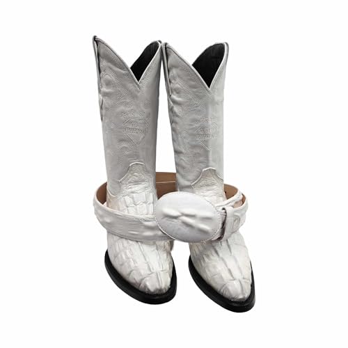Dona Michi Mens Western Cowboy Boots Alligator/Crocodile WHITE Color Print Leather with Free Matching Belt Botas Hombre