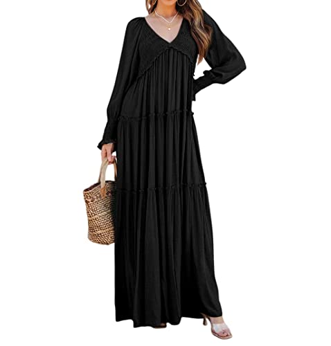 R.Vivimos Maxi Dress for Women Long Sleeve V Neck Empire Waist Layered Ruffle Boho Casual Flowy Long Dresses (Large, Black)