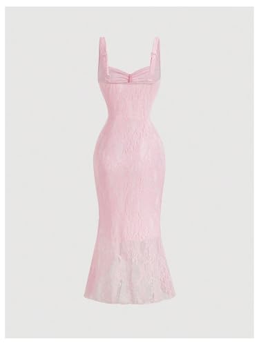 Image of GORGLITTER Women's Lace Bodycon Fishtail Midi Dress Graduation Prom Wedding Guest Y2K Ruched Asymmetrical Summer Dress