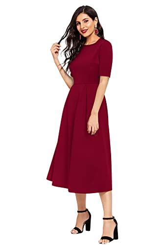 Image of LONDON BELLY Women's Regular Fit Polyester Blend Midi Flare Dress with Round Neck 3 /4 Sleeves Calf Length Solid Pattern and Pull On Closure Type |One Piece Dress for Women