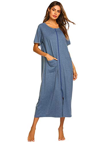 Ekouaer Women Short Sleeve Stripe Sleepwear Zip-Front A-Line Bathrobe Long Robe #TOP1
