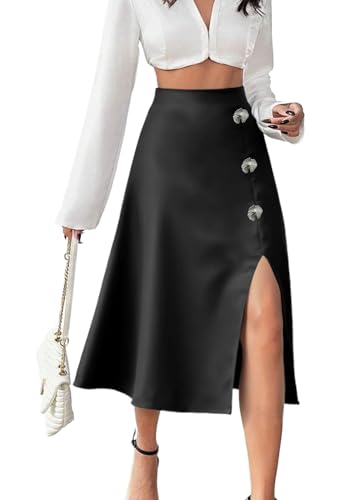 Herou Women's Casual Satin Skirt Elastic Waistband High Waisted Midi Skirts with Slit Elegant Work Office Skirts