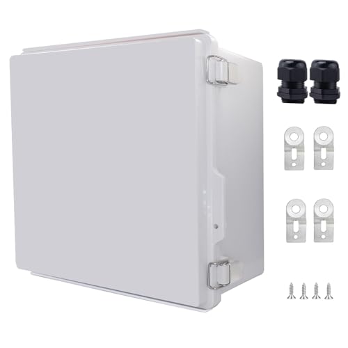 IP67 Waterproof Junction Box, ABS Plastic Electrical Enclosure with Stainless Steel Latch, Hinged Cover Electric Box with Mounting Plate, Wall Brackets &amp; Cable Glands 300x300x180mm