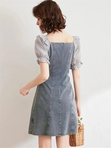 UIOKLMJH Denim Dress for Women Business Drawstring Square Neck Short Sleeve Dress3