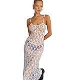 ANKOMINA Women Sexy Mesh See Through Floral Lace Dress Spaghetti Strap Backless Lace Up Long Maxi Dress Party Club Dresses White