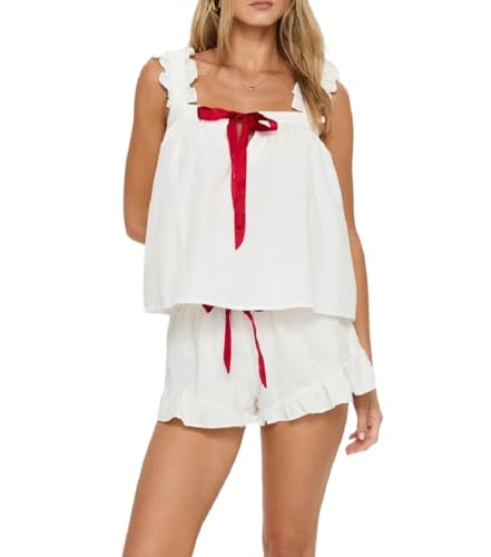 Image of ROAONOCOMO Women Floral Pajama Set Ruffle Babydoll Cami Top Coquette Pj Set Gingham 2 Piece Shorts Outfit Bridal Loungewear