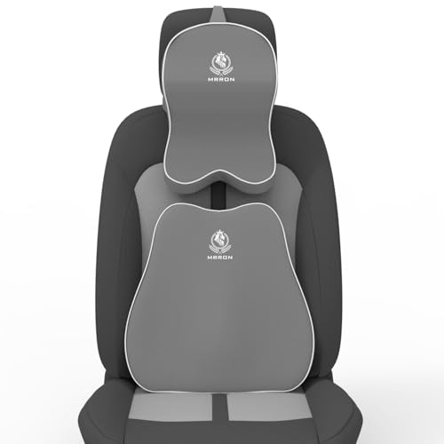 Image of MRRON Orthopedic Memory Foam Lumbar Backrest & Neck Rest Cushion for Car Seat - Ergonomic Car Back & Neck Support Pillow Combo - Pain Relief for Long Drives, Sciatica, Posture (Grey, Slim Backrest)