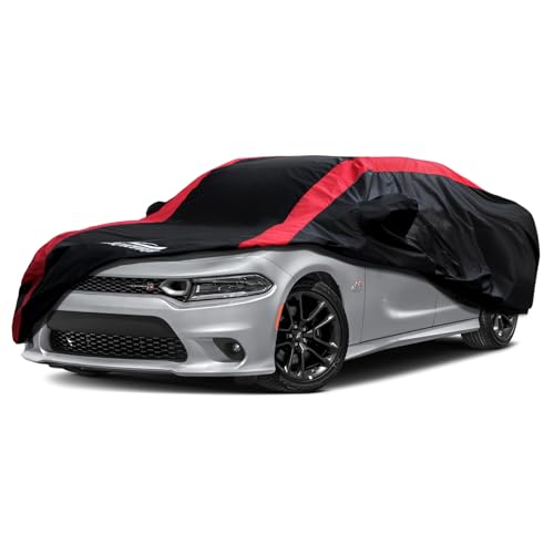 Dodge Charger Car Cover Waterproof All Weather with Red Strip Design, Custom Fit for Dodge Charger 2006–2023, Charger Accessory with Door Zipper & Windproof Straps