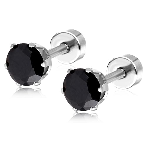 4mm Flat Screw Back Stud Earrings, Tiny Studs Earrings for Women Small Cartilage Earrings, Hypoallergenic Stainless Steel Helix Flatback Piercing Jewelry Gifts for Women Girls (4MM, Black)