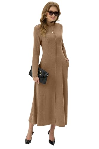 GRECERELLE Women's 2025 Fall Winter Casual Mock Neck Long Sleeve Flared Maxi Sweater Dress with Pockets (XS - 3XL)