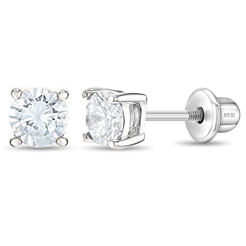 Image of In Season Jewelry CZ Solitaire Kids Earrings - 925 Sterling Silver Hypoallergenic Earrings for Girls with Secure Screw Backs - Safe & Comfortable for Kids & Little Girls