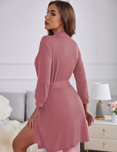 Image of Ekouaer Women's Robes Lightweight 3 /4 Sleeve Short Knit Bathrobe Soft Knee Length Sleepwear Robes with Pockets S-XXL