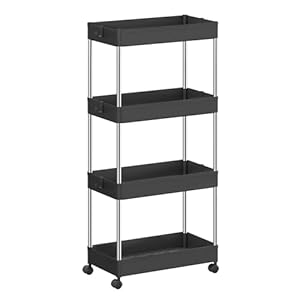 SONGMICS Slim Storage Cart, 4-Tier Rolling Cart, Narrow Utility Cart on Wheels, 6 Hooks, 360° Swivel Wheels, Lockable, Steel Frame, Bathroom, Kitchen, Office, Ink Black UKSC010B01 SONGMICS Slim Storage Cart 4 Tier Rolling Cart Narrow Utility Cart on Wheels 6 Hooks 360 Swivel Wheels Lockable Steel Frame Bathroom Kitchen Office Ink Black UKSC010B01