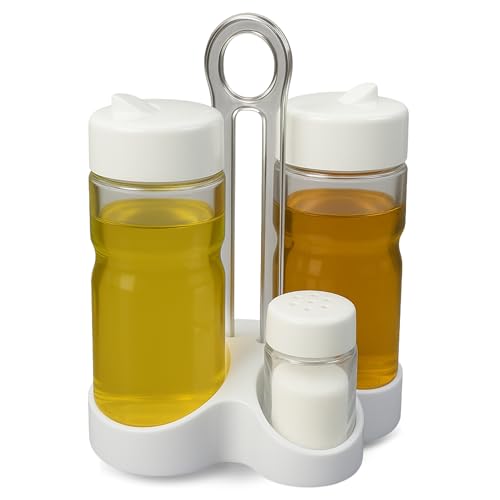 CHEFZOCO Convoys de aceite y vinagre, Set De Aceite Y Vinagre, Set De Sal Y Pimienta, Vinagreras Y Aceiteras De Mesa con soporte, Fabricada en plástico y vidrio, Libre de BPA