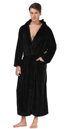 Men's Plush Hooded Bathrobe Winter Warm Fleece Robes Soft Flannel Long Robes with Pockets, Full Length