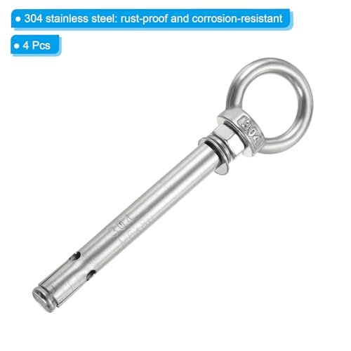 Image of PATIKIL Expansion Eye Bolt M6x80mm, 4 Pack 304 Stainless Steel Shoulder Anchors Eyebolt Screw with Eye Ring for Concrete Brick Walls Canopy Engineering Rigging Silver