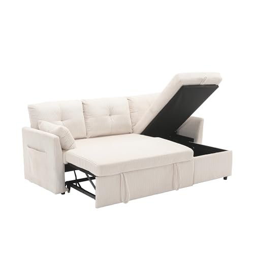 Sofá cama modular de 3 plazas con espacio de almacenamiento, sofá de pana con función de dormir y tumbona extensible, sofá cama en forma de L para salón, sofá cama con cajón oculto y bolsillos