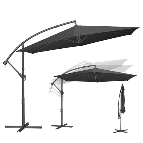 SONGMICS Sonnenschirm, Ampelschirm 350 cm d, mit Ständer, Sonnenschutz Balkon, Balkonschirm, UV-Schutz UPF 50+, mit Kurbel zum Öffnen und Schließen, Terrasse, Garten, grau GPU117GZ01