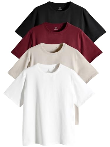 THE SET - Camisetas Manga Corta Mujer, Camisetas Mujer 100% Algodón, Estilo Relajado, Talla S - Pack de 4 Black/Dark Red/Warm Stone/Cream XL