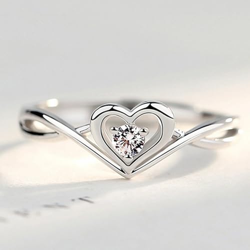 Image of Okos Women Fashion Jewellery Rhodium Plated Solitaire Style Adjustable Heart Finger Ring with Cz Stone For Girls and Women FR1000970WHT
