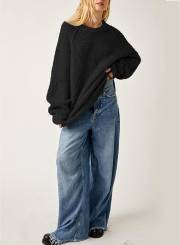 Image of Beaully Women's Oversized Crewneck Sweaters | Oversized style, Tunic sweater, Fuzzy knit, Soft knit, Loose fit, Drop shoulder