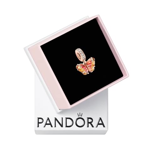 PANDORA Moments Pink & Yellow Murano Glass Butterfly Dangle Charm - 14k Rose Gold-Plated Charm with Cubic Zirconia & Murano Glass - Gift for Her - Includes Gift Box