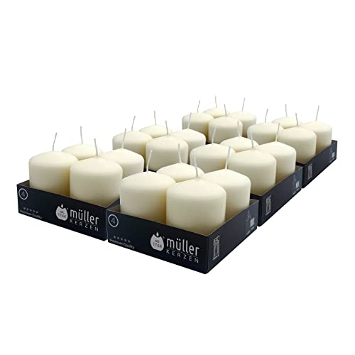 Müller Ivory Pillar Candle, Pack of 24 Unscented Small Candles, 4,8 x 6,2 Cm, 10 Hours Burn Time Candles for Decoration