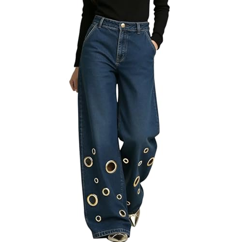 Pantalones vaqueros de mujer holgados con cintura alta elástica para un estilo urbano y casual