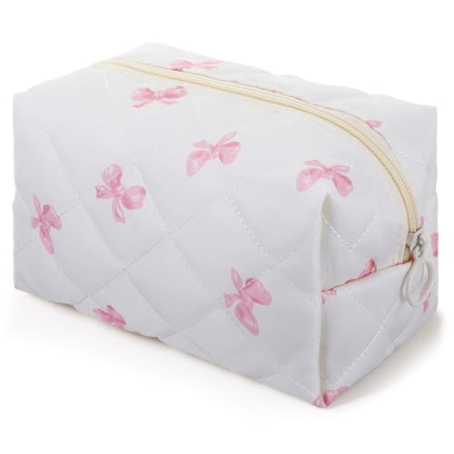 Quilted Cosmetic Pouch Cute Floral Cotton Makeup Bag with Pink