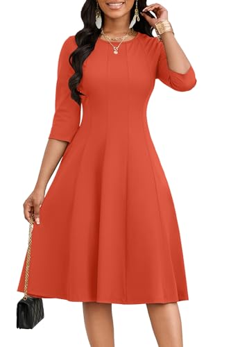 Image of CLOCOR Casual Midi Dresses for Women A-Line Fit and Flare Elegant Church 3 /4 Sleeve Crew Neck Dress with Pocket