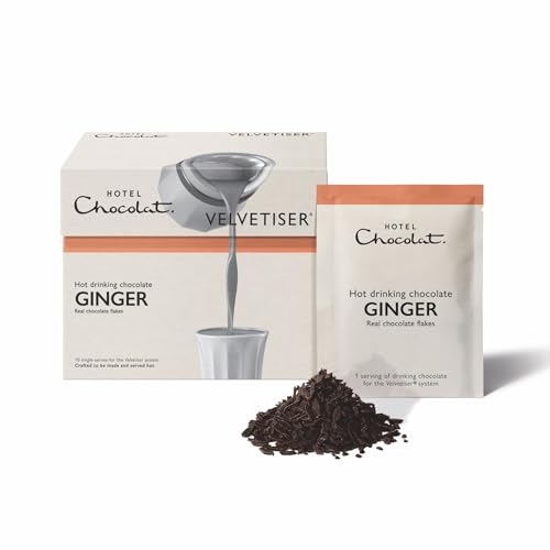 Image of Hotel Chocolat Hot Chocolate Mix - Ginger Drinking Chocolate with Real Chocolate Flakes, 10 Servings, Gourmet Cocoa