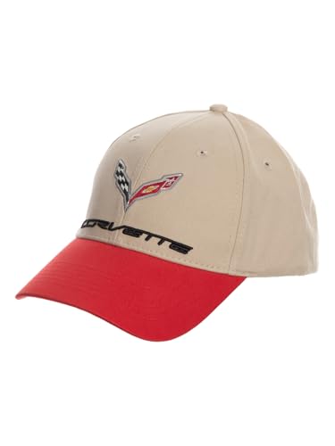 Calhoun Chevrolet Corvette Licensed Baseball Cap Hat Tan Crown Red Bill Embroidered Cross Flags Logo Adjustable Strapback