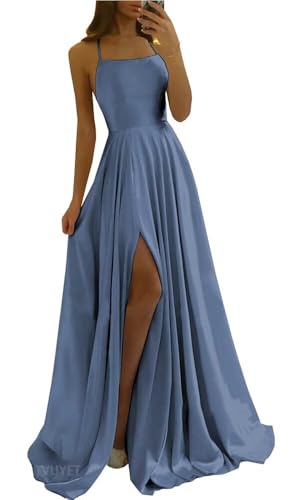 Image of Tvuyet Satin Prom Dresses Long with Pockets Spaghetti Straps A Line Bridesmaid Dresses with Side Slit Ball Gown