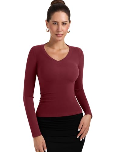 PINKMSTYLE Women V Neck Long Sleeve Shirts Slim Fit Going Out Tops Basic Fall Winter Fashion Base Layer Tops2