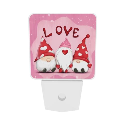 Image of Red Love Hearts with Gnome LED Plug-in Night Lamp 2 Piece Set, Auto Sensor Nightlights Set of 2 for Bedroom Bathroom