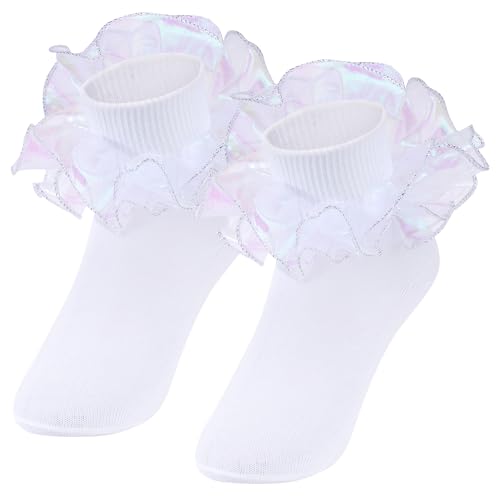 2 Pairs Toddler Girl Ruffle Socks Sparkling Big Ruffle Frilly Dress Socks for Girls