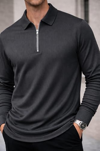 Image of Mack Jonney Men's Premium Ribbed Half-Zip Polo T-Shirt | Long Sleeve Soft Stretch Fabric | Stylish Casual & Smart Wear Top-M6783