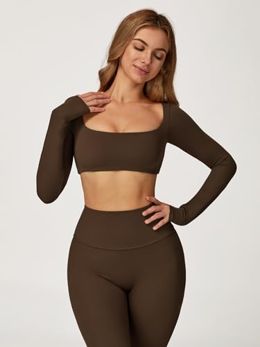 Image of ABOCIW Women Square Neck Long Sleeve Workout Crop Top Low Medium Impact Athletic Yoga Gym Shirts with Built in Bra(ONLY TOP)