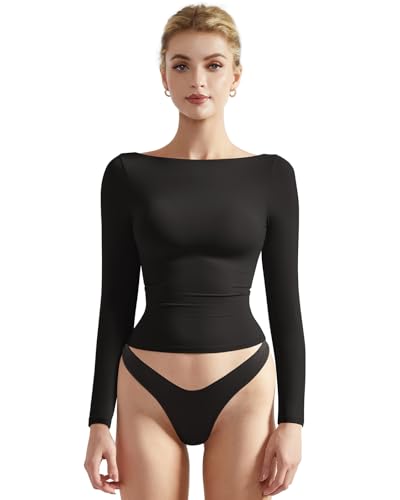 SUUKSESS Women Crew Neck Long Sleeve T Shirts Double Lined Tight Fitted Crop Top